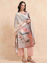 Grey Digital Printed Hand work Embroidered A-Line Kurti, Pant and Dupatta Set